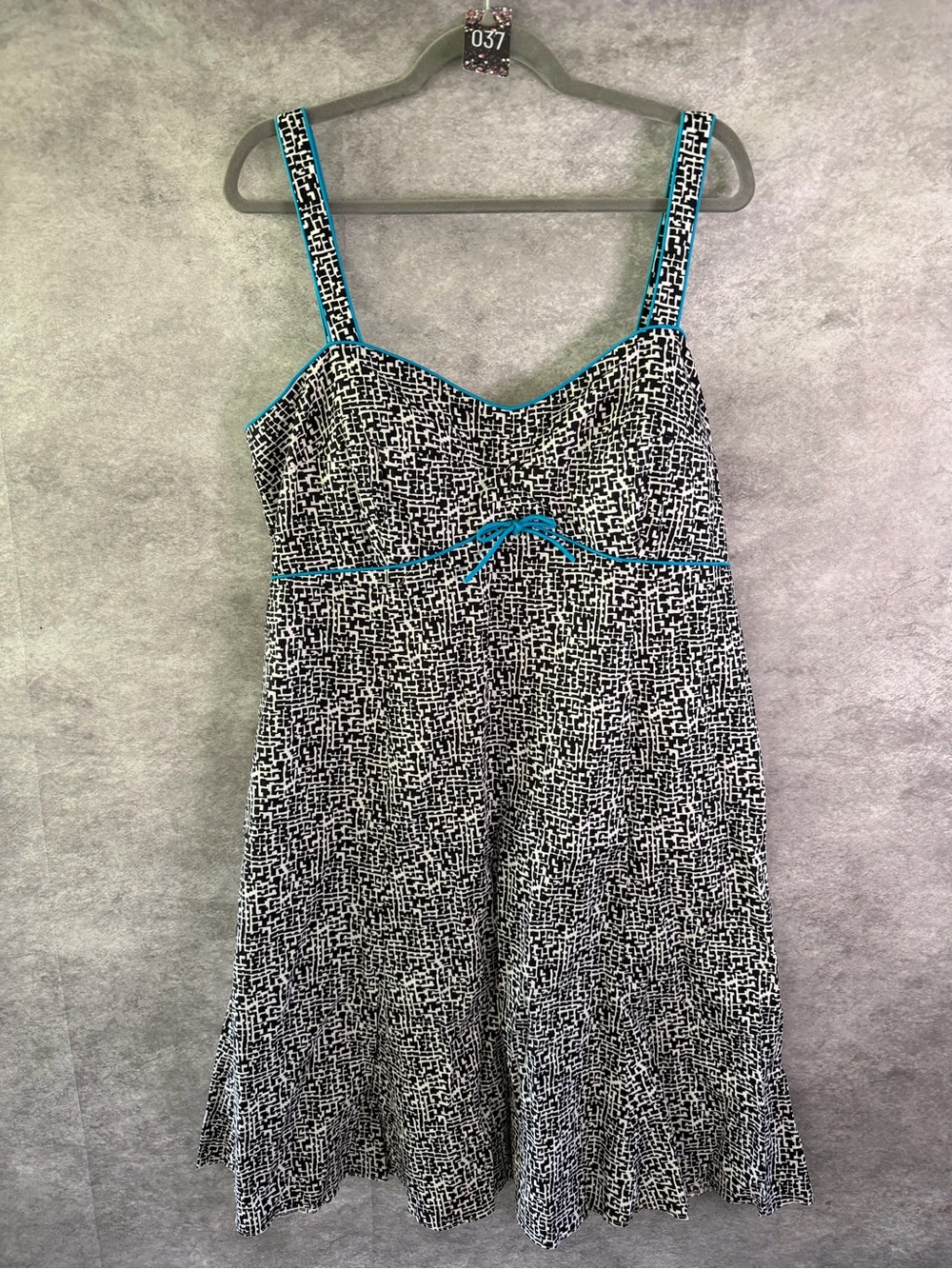 Kim Rogers Black and White Patterned A-Line Dress with Teal Trim